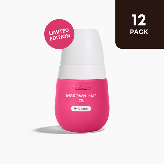 Pink bottle of ingrown hair oil with a white cap on a white background, labeled 'Limited Edition' and '12 Pack'.