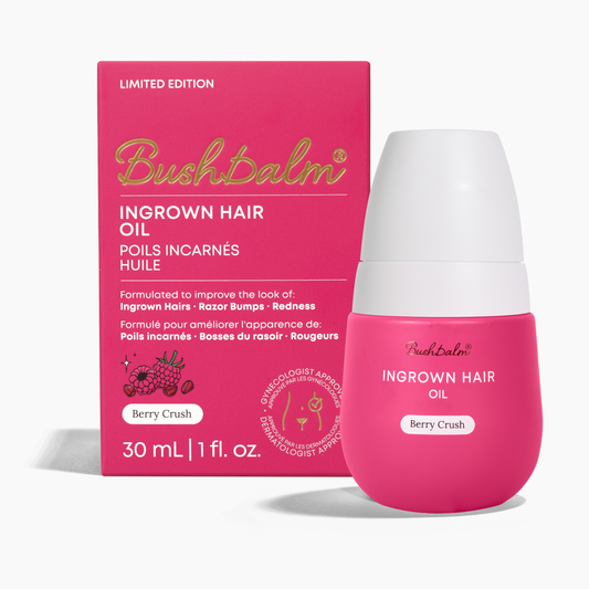 Pink 'BushthBalm' ingrown hair oil bottle and packaging on a white background