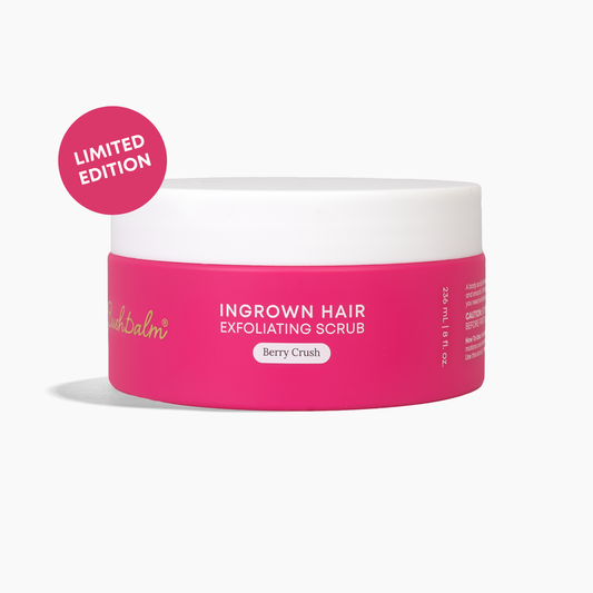 Pink jar of Ingrown Hair Exfoliating Scrub with 'BushBalm' branding on a white background