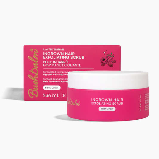 Pink 'Ingrown Hair Exfoliating Scrub' by Bush Balm with packaging on a white background