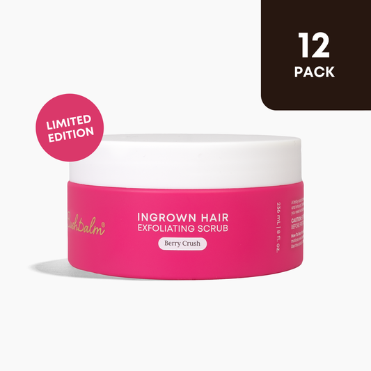 Pink jar of ingrown hair exfoliating scrub with 'Limited Edition' label on a white background